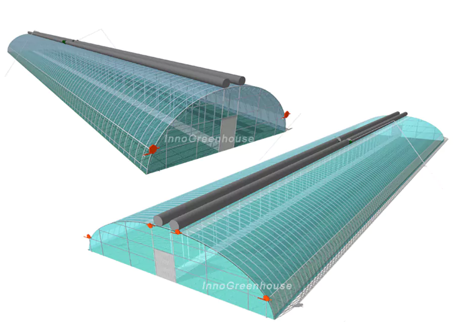 The structure diagram of a plastic film arch greenhouse with insulation blankets.