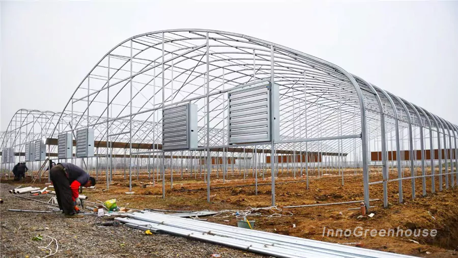 The framework of a plastic film arch greenhouse with insulation blankets.